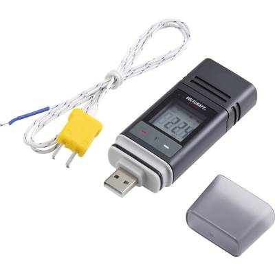 Ein USB-Temperaturdatenlogger mit Display zeigt „30,2 °C“. Ein gelber Sensor ist angeschlossen. Abdeckung liegt daneben.