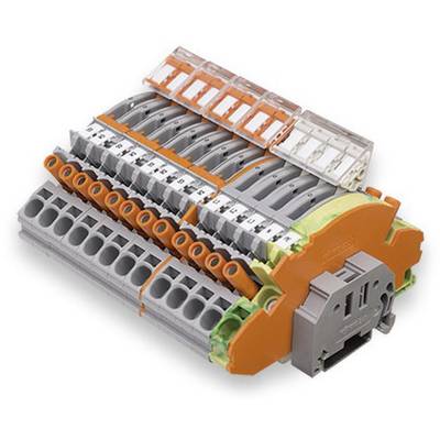 Elektrischer Steckverbinder mit mehreren Kabelanschlüssen, Orange und Grau. Für industrielle elektrische Verdrahtung.