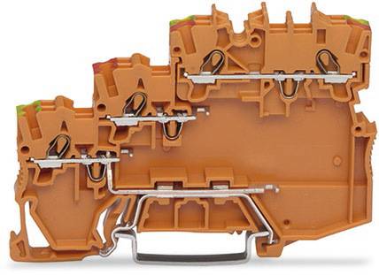Querschnitt eines orangefarbenen, mehrstöckigen Klemmblocks mit Metalleinsätzen, der für die Verdrahtung in elektrischen Schaltungen verwendet wird.