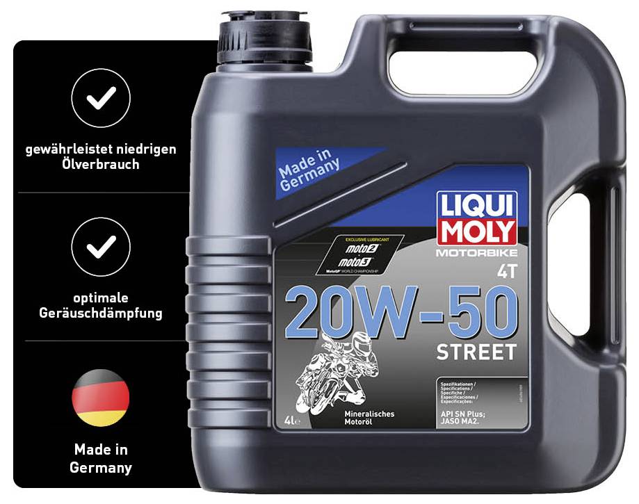 Ein Kanister mit Motoröl 'LIQUI MOLY 20W-50 Street' für Motorräder. Zwei Symbole: 'gewährleistet niedrigen Ölverbrauch' und 'optimale Geräuschdämpfung'. Hergestellt in Deutschland.