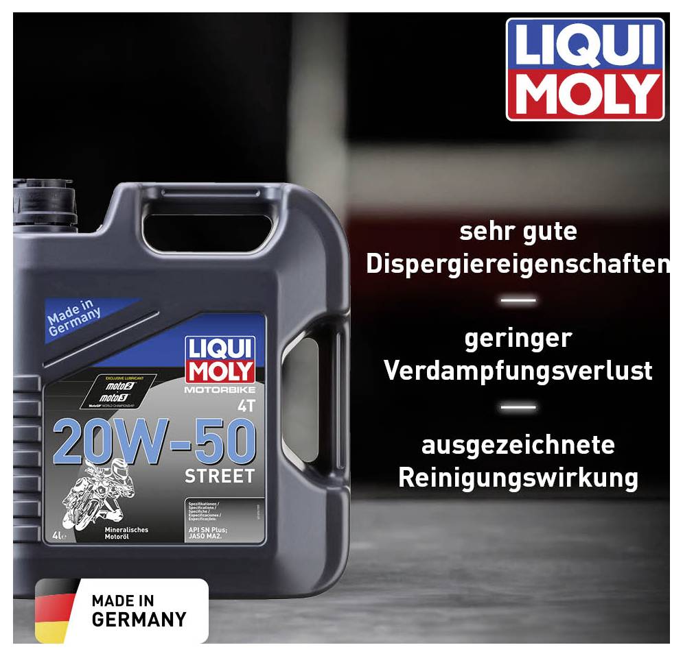 Kanister mit Motorradöl ‘20W-50 Street’ von LIQUI MOLY. Schwerpunkte: sehr gute Dispergiereigenschaften, geringer Verdampfungsverlust, ausgezeichnete Reinigungswirkung.
