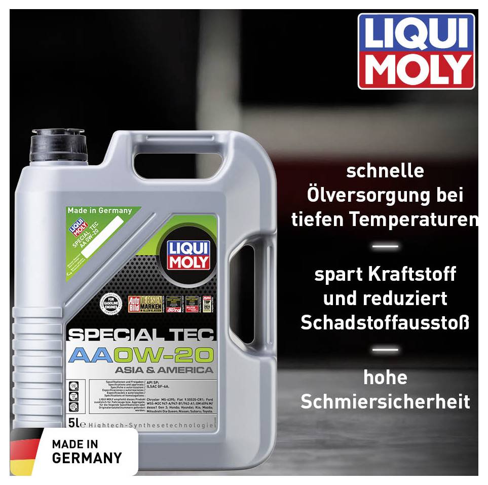 Eine Flasche Liqui Moly Öl mit der Aufschrift 'Schnelle Ölversorgung bei tiefen Temperaturen, spart Kraftstoff, reduziert Schadstoffausstoß, hohe Schmiersicherheit'.