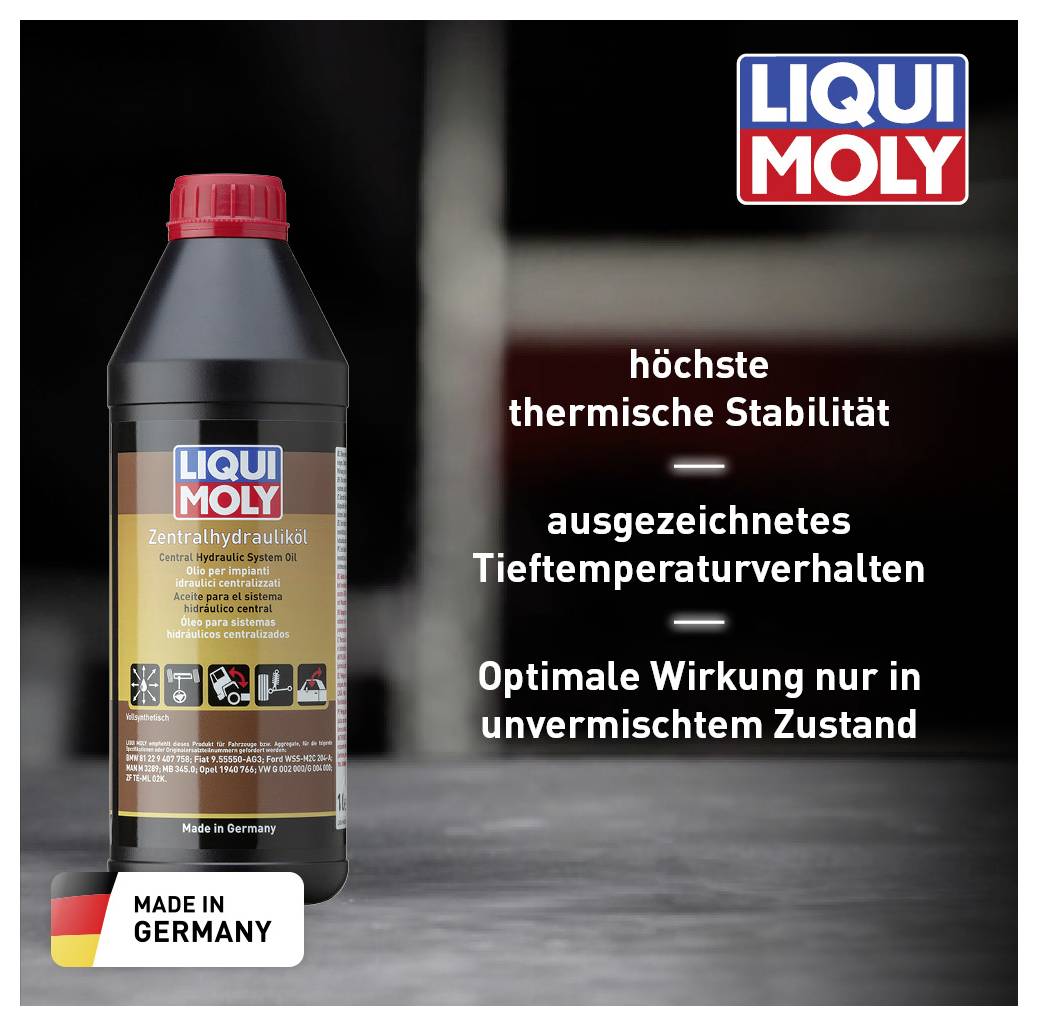 Eine Flasche Zentralhydrauliköl von Liqui Moly, betont hohe thermische Stabilität und exzellentes Tieftemperaturverhalten, hergestellt in Deutschland.