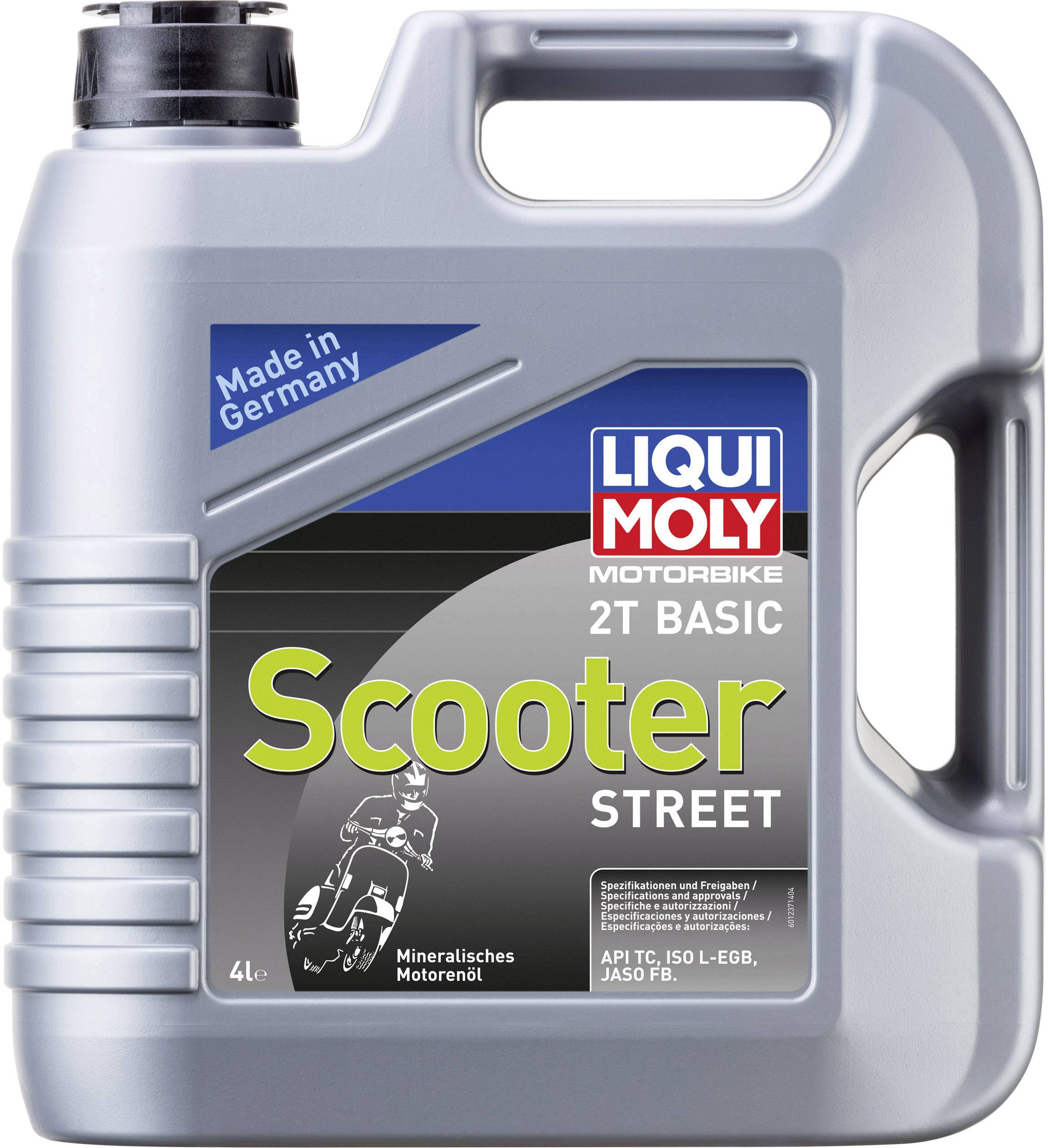 Kunststoffkanister mit 4 Litern 'Liqui Moly 2T Basic Scooter Street' Motoröl, geeignet für Zweitakt-Motoren. Hergestellt in Deutschland.