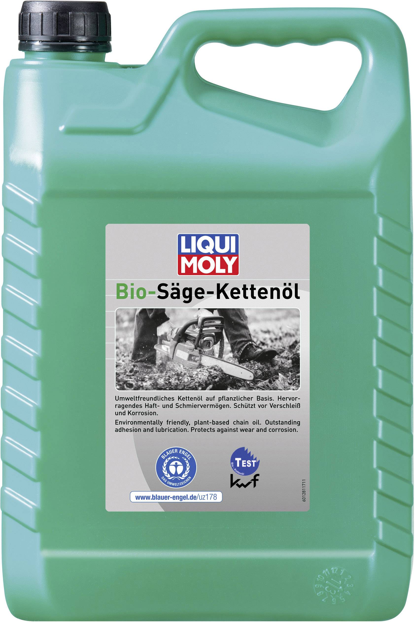 'Liqui Moly Bio-Säge-Kettenöl' in einem grünen Plastikkanister. Eignet sich zur Schmierung von Motorsägenketten, umweltfreundlich.