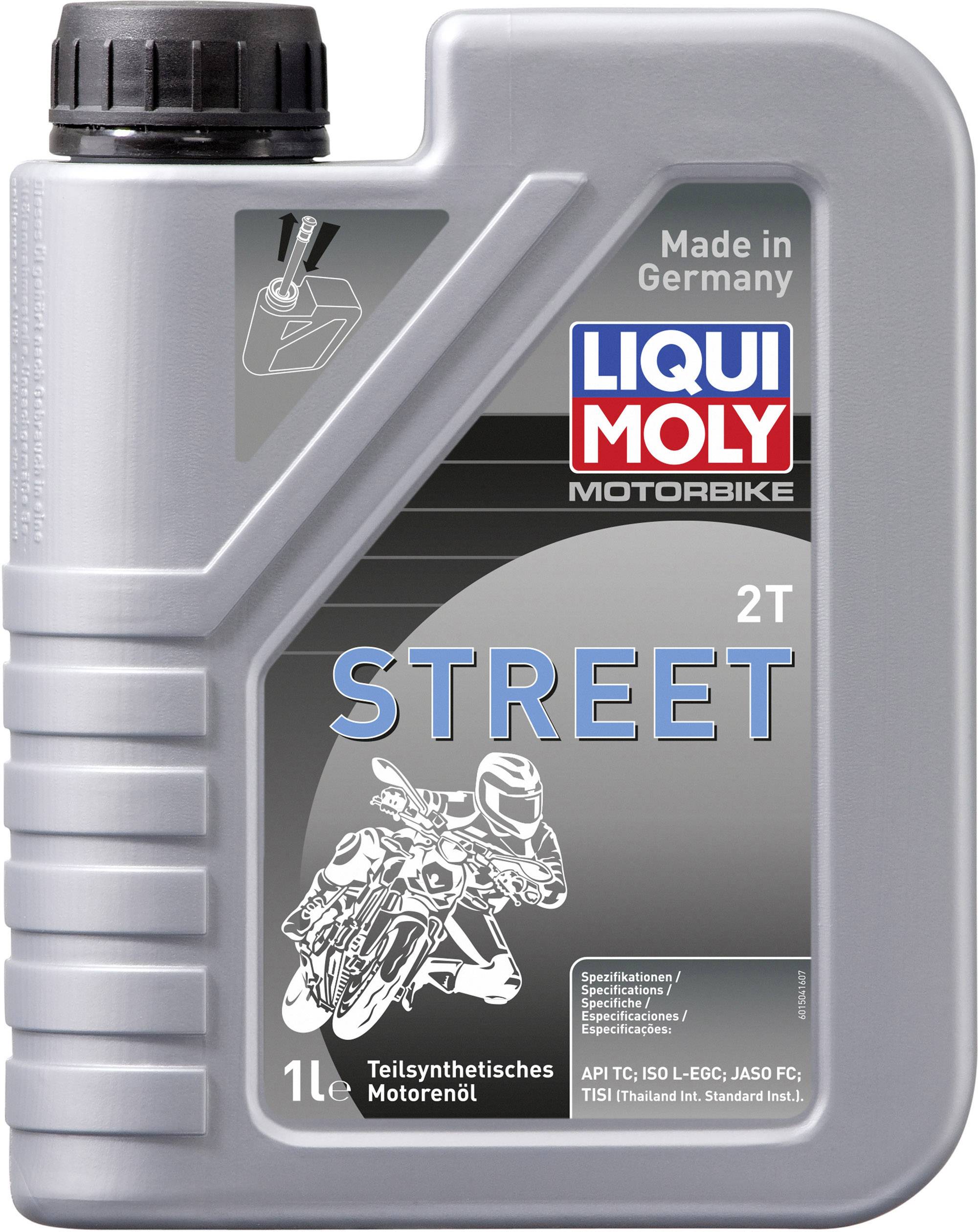 Graue Flasche mit 'LIQUI MOLY MOTORBIKE 2T STREET' Aufschrift. Enthält 1 Liter teilsynthetisches Motoröl, hergestellt in Deutschland.