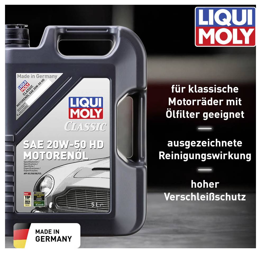 'LIQUI MOLY Classic Motoröl SAE 20W-50 HD, geeignet für klassische Motorräder mit Ölfilter. Ausgezeichnete Reinigungswirkung und hoher Verschleißschutz. 5L Flasche.'