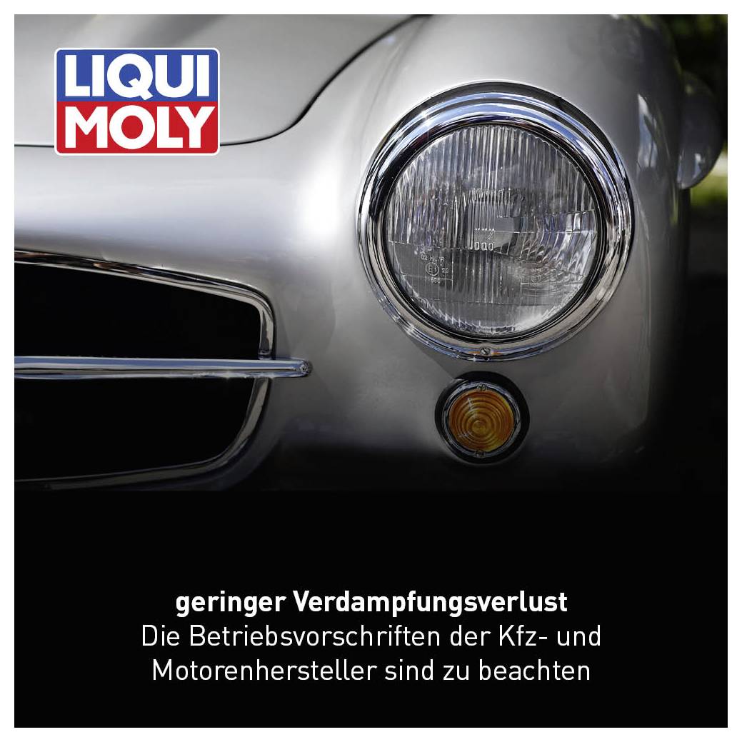 Silbernes Auto mit rundem Scheinwerfer und kleinem gelbem Signallicht. Oben links das Liqui Moly Logo. Text: 'geringer Verdampfungsverlust'.