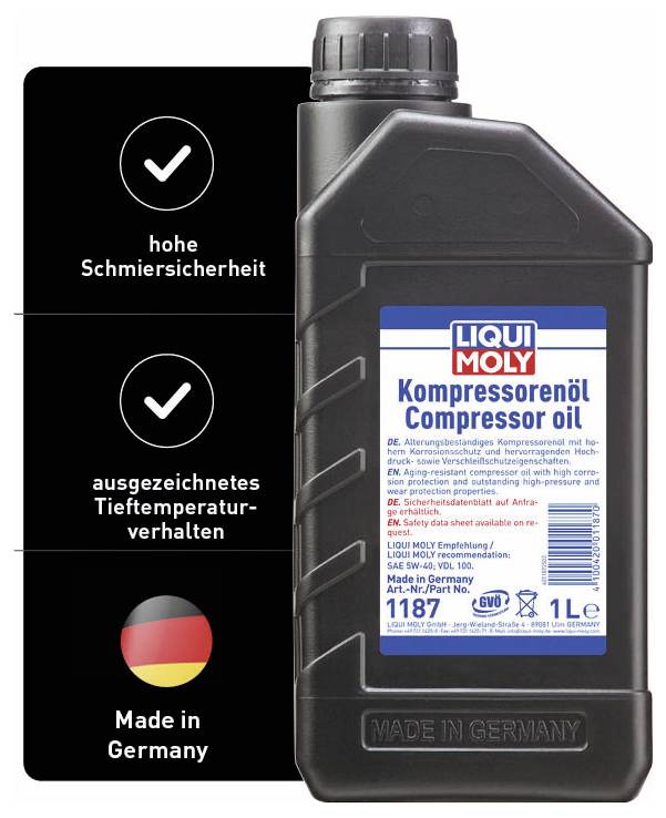 Flasche von Liqui Moly Kompressorenöl, 1 Liter. Text daneben: 'hohe Schmiersicherheit', 'ausgezeichnetes Tieftemperaturverhalten', 'Made in Germany'.