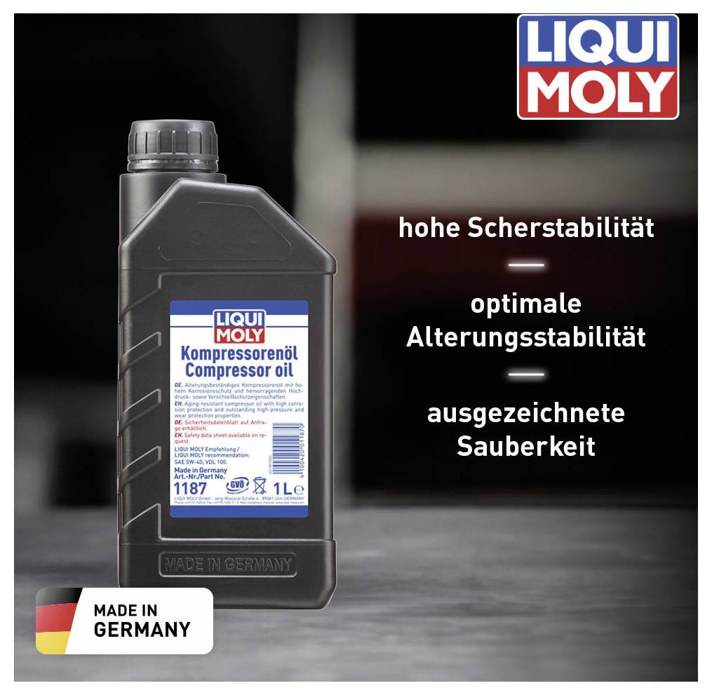 Eine Flasche Liqui Moly Kompressorenöl vor unscharfem Hintergrund. Text: 'hohe Scherstabilität', 'optimale Alterungsstabilität', 'ausgezeichnete Sauberkeit'.