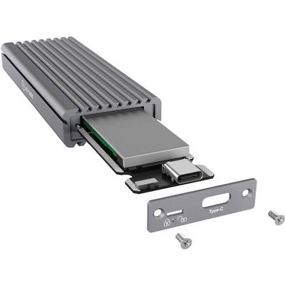 Externe SSD mit USB-C-Anschluss; abnehmbare Abdeckung; Schrauben zur Sicherung; geeignet für schnellen Datentransfer.