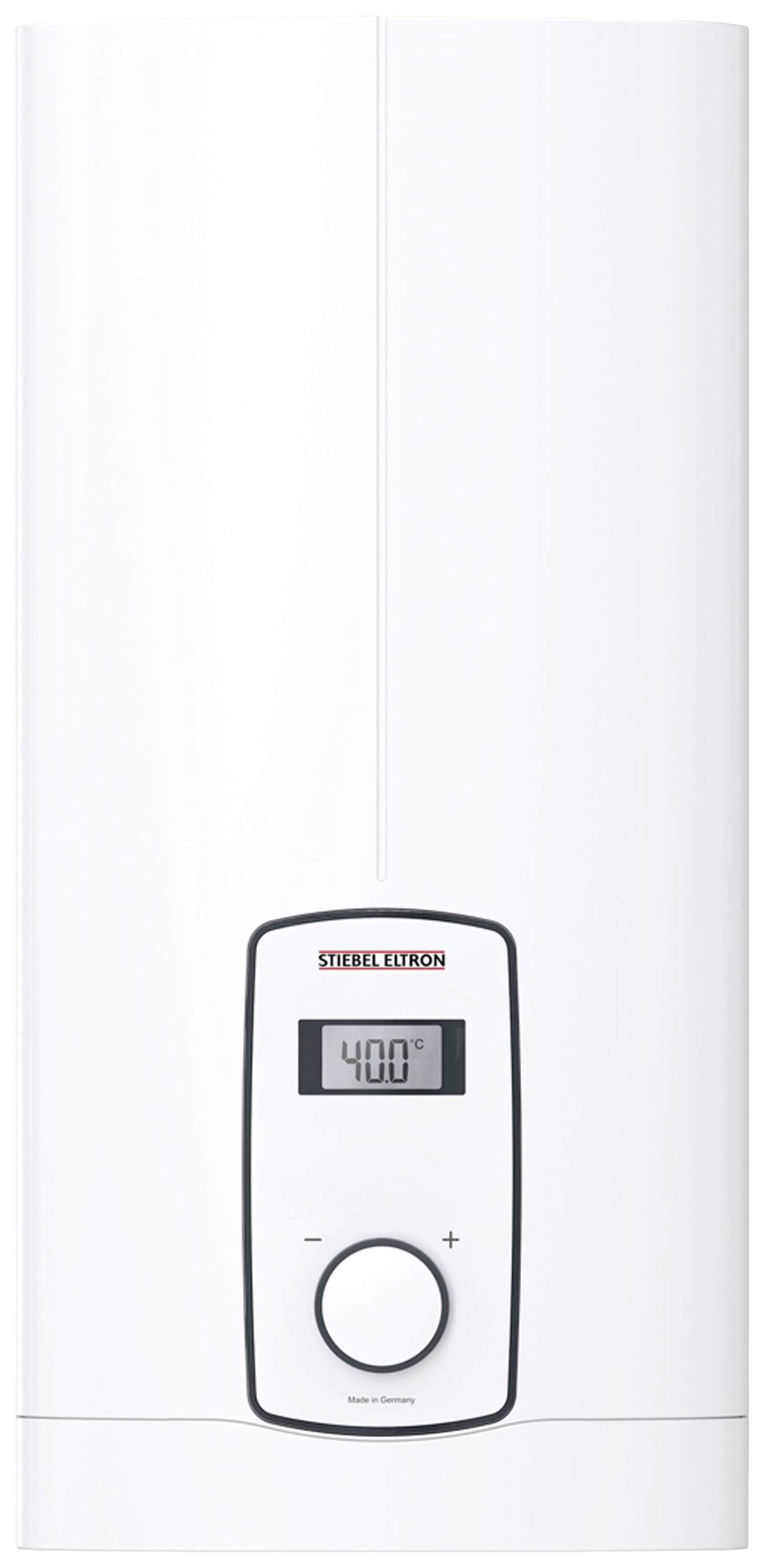 Ein weißer Durchlauferhitzer mit digitalem Display zeigt die Temperatur an. Ein Drehknopf darunter regelt die Temperatur.