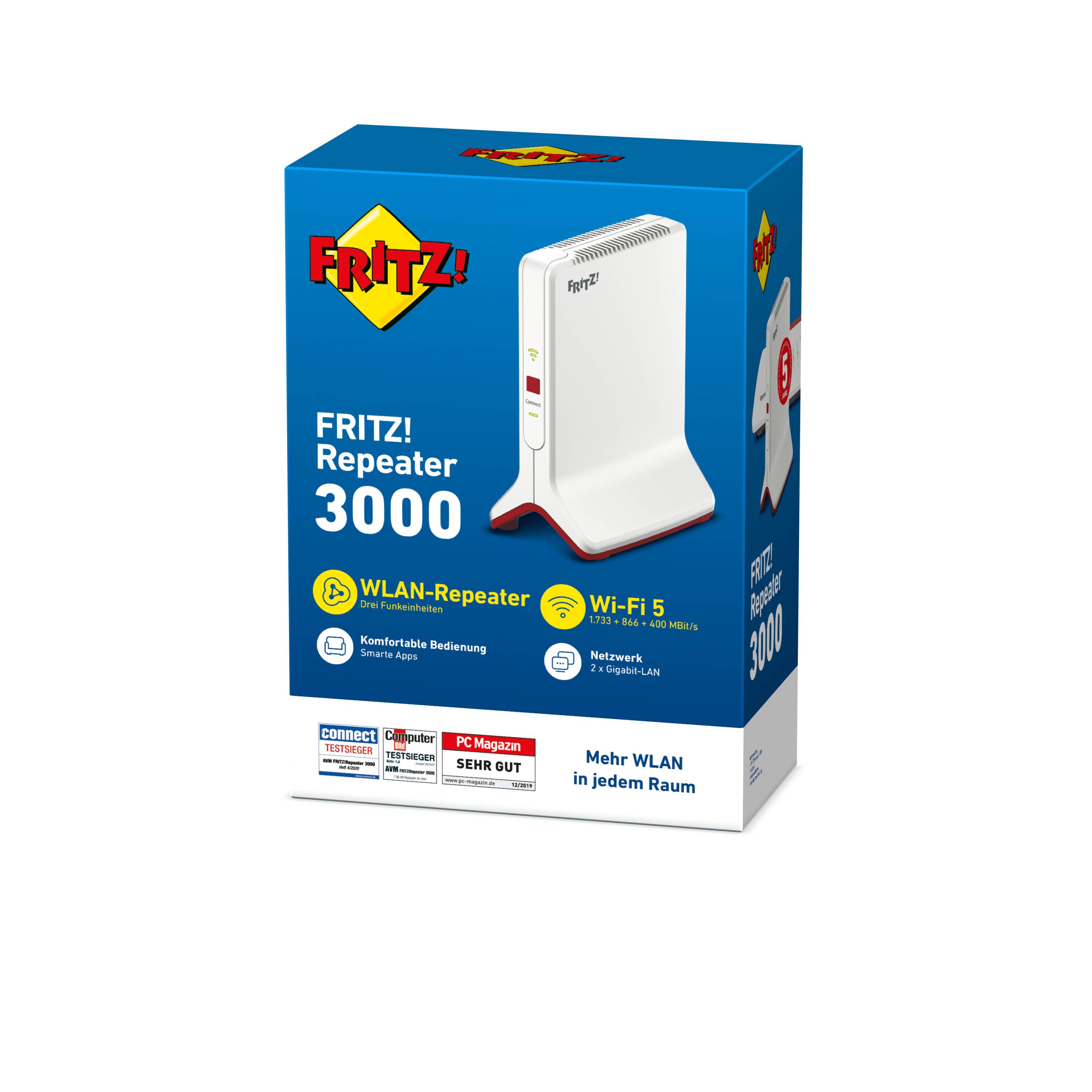 'FRITZ! Repeater 3000' Verpackung zeigt WLAN-Repeater-Bild, WLAN-Unterstützung, Wi-Fi 5, zwei 5 GHz, ein 2,4 GHz Band, Bewertung 'SEHR GUT'.