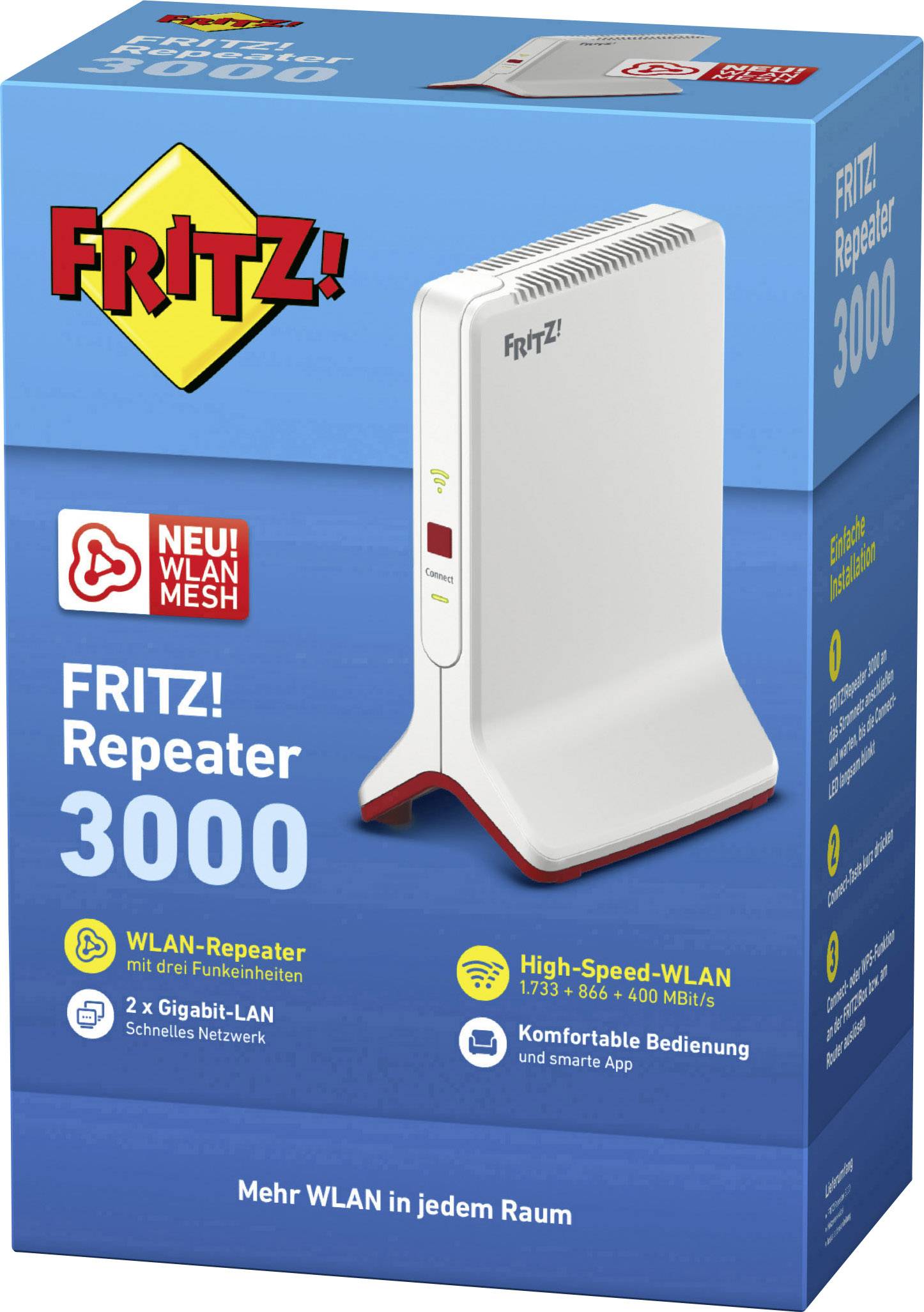 FRITZ! Repeater 3000 Verpackung mit ‘WLAN-Repeater’, ‘2x Gigabit-LAN’, ‘High-Speed-WLAN’ Beschriftungen. Bild eines weißen Geräts sichtbar.