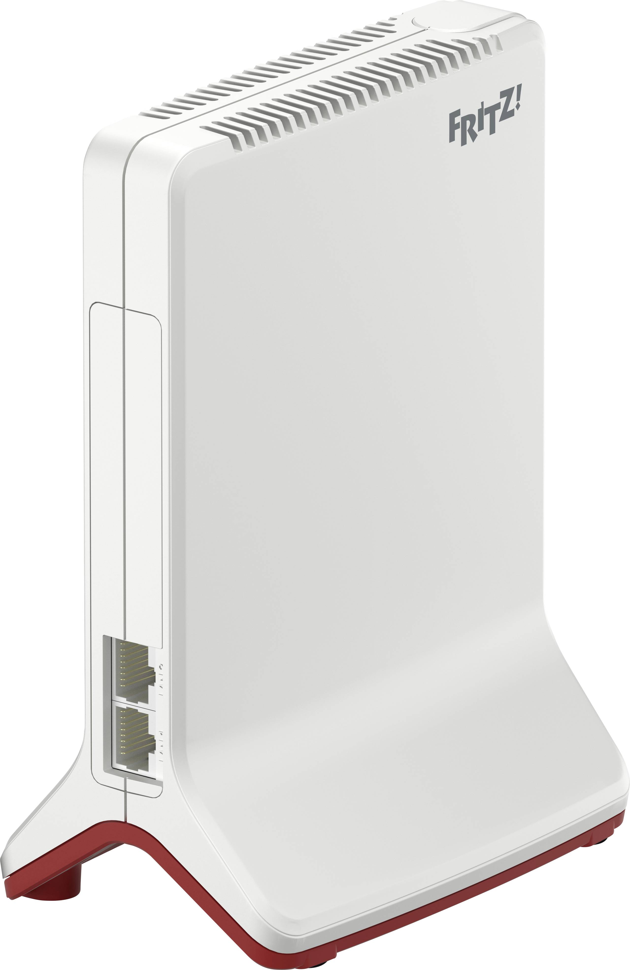 Weißer WLAN-Repeater mit Lüftungsschlitzen, stehendes Design und zwei Ethernet-Ports an der Seite. Markenname oben rechts.