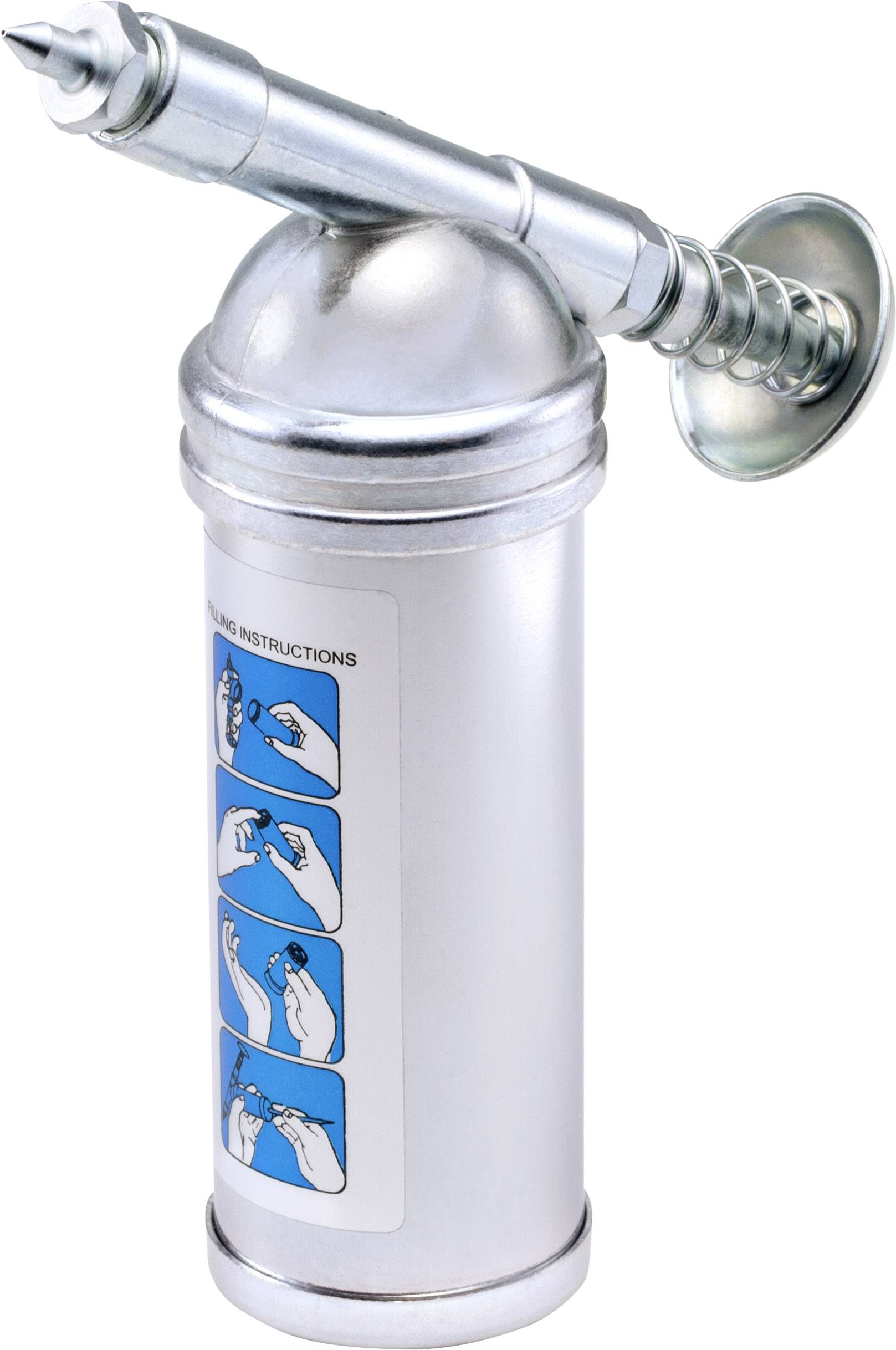 Metallspritze mit Aufsatz und Bedienungsanleitung in Bildern auf dem Behälter.