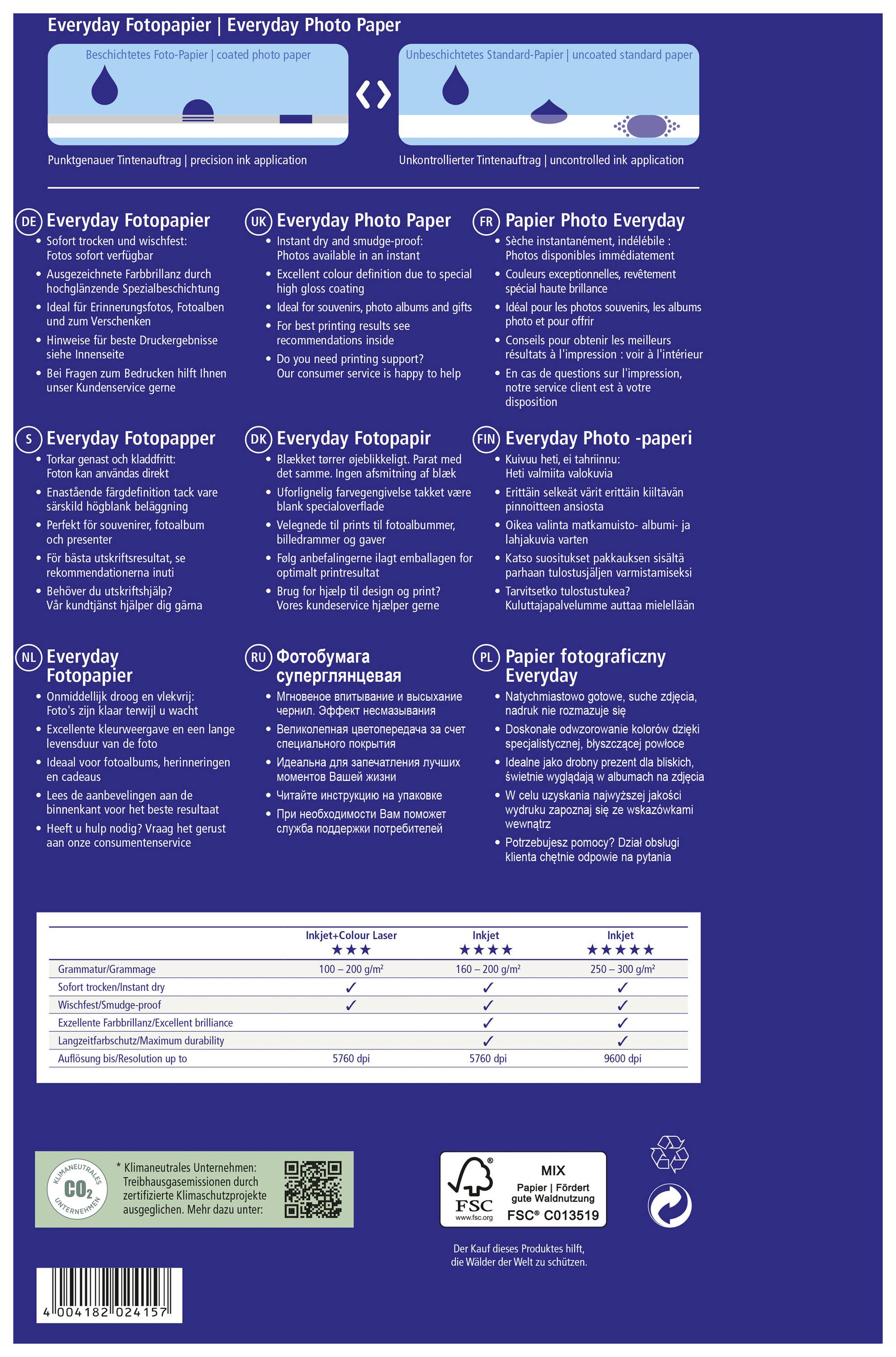 'Everyday Fotopapier' auf Verpackung. Details in mehreren Sprachen: Verwendung, Anwendungsbereiche, Produktmerkmale, Größenangaben.