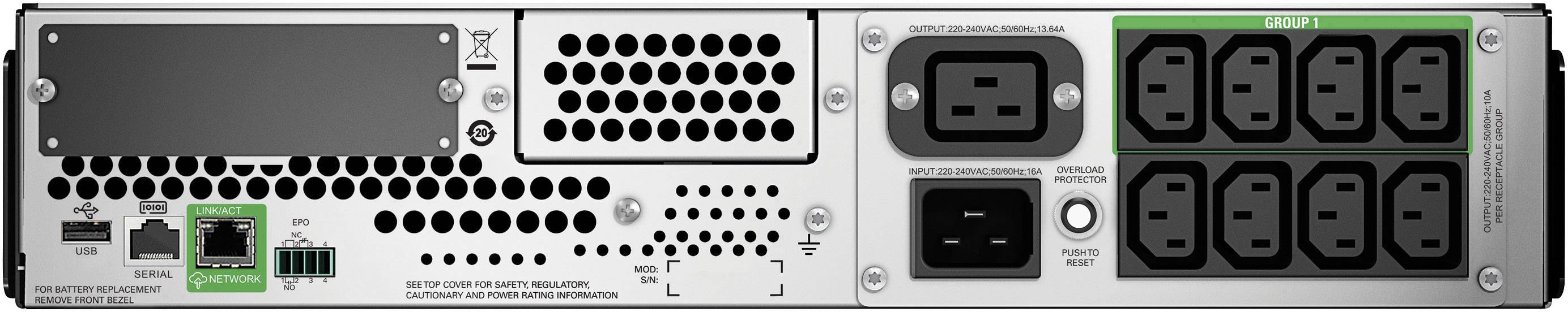 Rückseite eines Servernetzwerks, zeigt Anschlüsse und Lüftungsschlitze. Links: Netzwerk- und Stromanschlüsse; rechts: Steckdosen.