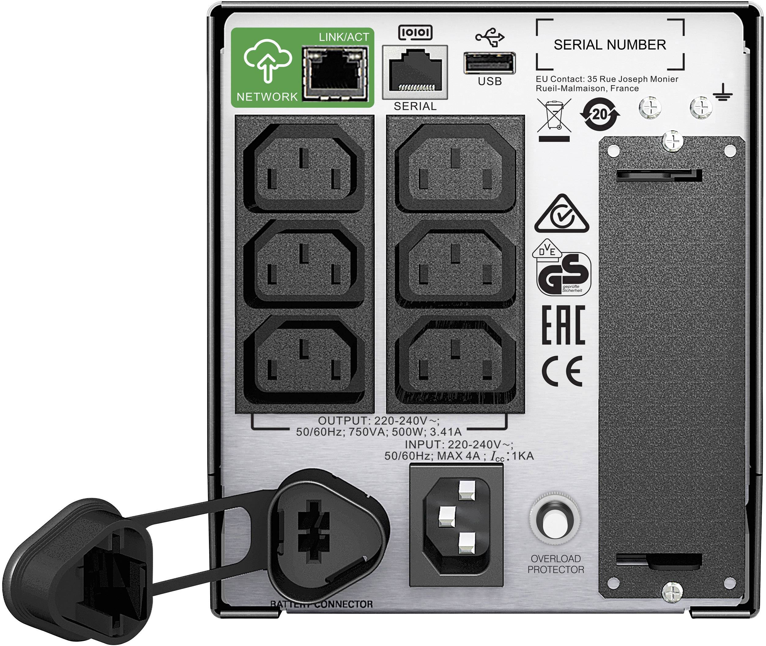 Rückseite eines elektrischen Geräts mit mehreren Stromanschlüssen, USB- und Netzwerkschnittstellen sowie einem Netzschalter.