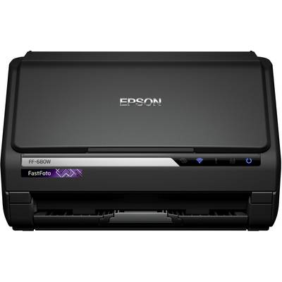 Ein schwarzer Epson-Scanner, Modell FF-680W, mit geschlossenem Deckel. Geeignet für schnelles Scannen von Fotos und Dokumenten.