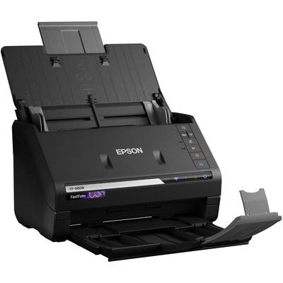 Ein schwarzer Epson Scanner mit offenem Dokumenteneinzug und Ausgabefach, geeignet für das schnelle Scannen von Fotos und Dokumenten.
