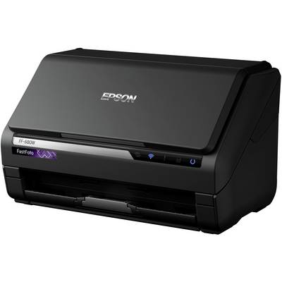 Ein schwarzer Epson FastFoto FF-680W Scanner mit geschlossenem Deckel. Es hat Tasten für WLAN und Einschaltfunktion auf der Vorderseite.