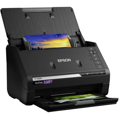 Ein schwarzer Epson-Drucker scannt ein Foto, das bunte Landschaften darstellt. Der Drucker hat Tasten an der Seite.