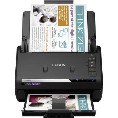 Fotodrucker Epson FF-680W mit gescannten Fotos und Dokumenten. Dokument mit Text 'THINK DIGI' und Bildern im oberen Fach.