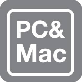 'PC & Mac'-Symbol in Weiß auf grauem Hintergrund, zeigt Kompatibilität mit beiden Betriebssystemen an.