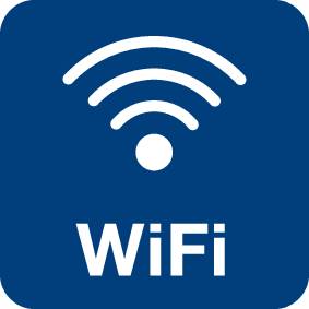 'WiFi'-Symbol mit wellenförmigem Signal oberhalb des Wortes 'WiFi' auf beigem Hintergrund, zeigt kabellose Netzwerkverbindung.