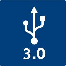 USB-Symbol mit der Beschriftung '3.0' auf beigem Hintergrund, zeigt die Kompatibilität mit USB 3.0-Standard an.