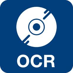Ein schwarzes Symbol eines Rundmaterials auf beigem Hintergrund, darunter der Text 'OCR'. Design zeigt Technologie zur Texterkennung.