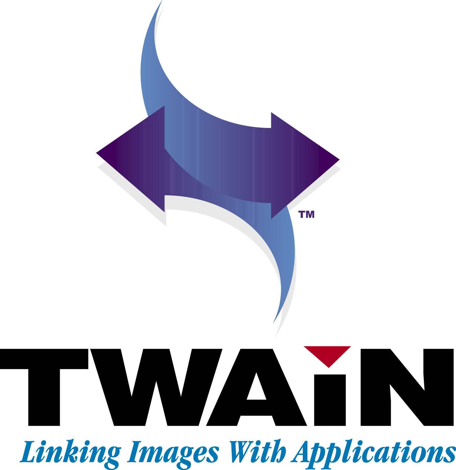 Logo mit stilisierten blauen und lilafarbenen Pfeilen, die aufeinander zeigen. Darunter steht 'TWAIN' in Großbuchstaben, gefolgt von 'Linking Images With Applications'.