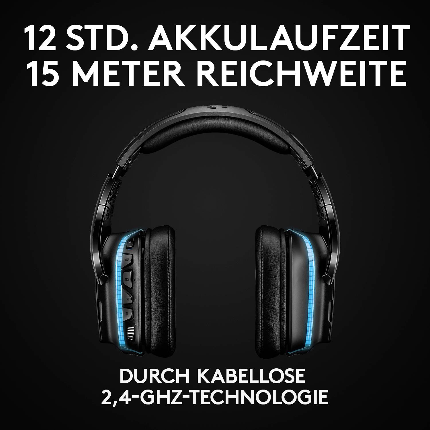 Kabelloses Headset mit 2,4-GHz-Technologie, bietet 12 Stunden Akkulaufzeit und 15 Meter Reichweite.