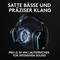 Kopfhörer mit schwarzem Design und blauem Licht. Text: 'Satte Bässe und präziser Klang', 'Pro-G 50 mm Lautsprecher für intensiven Sound'.