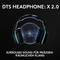 Kopfhörer mit Text 'DTS Headphone: X 2.0'. Highlightet Surround-Sound für präzisen räumlichen Klang. Hintergrund zeigt sphärisches Muster.