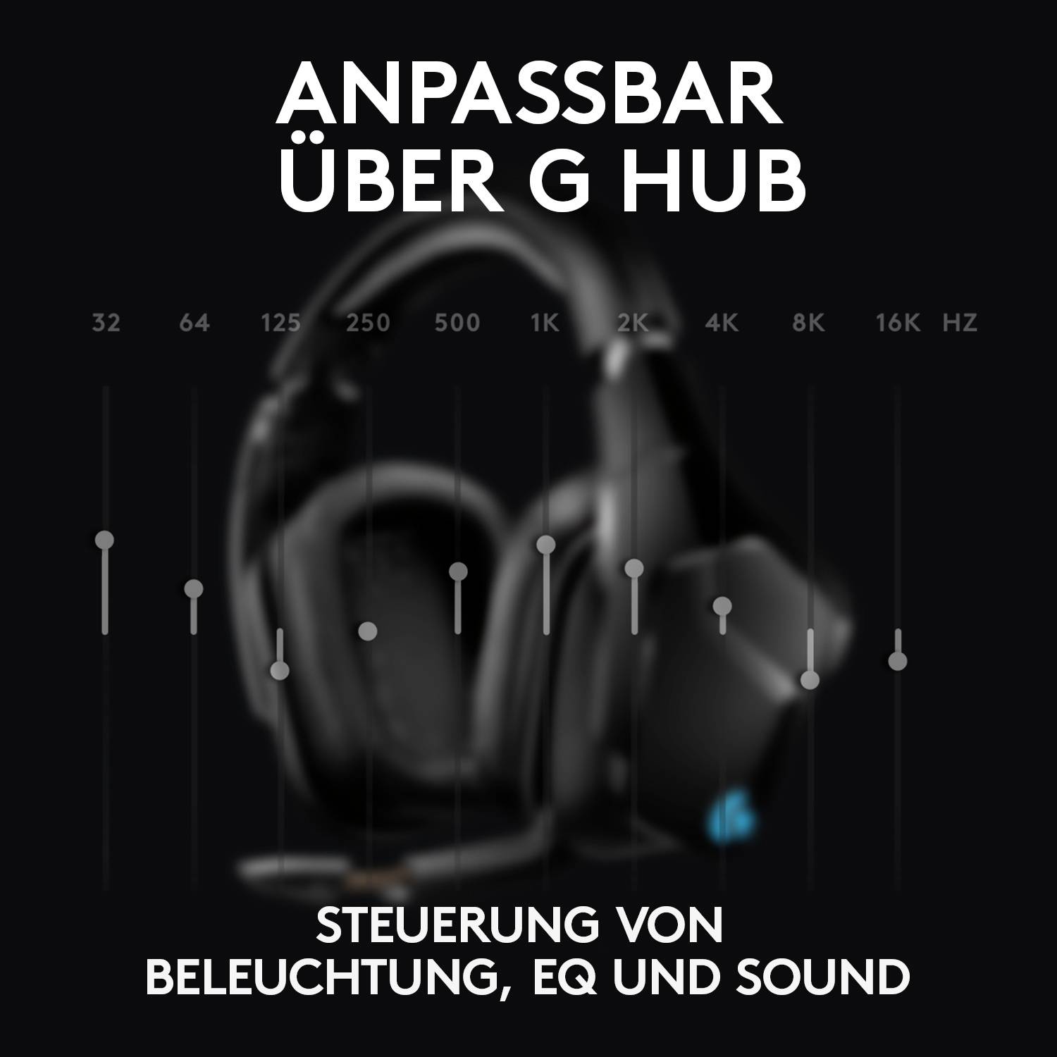 'Schwarzer Gaming-Kopfhörer mit Steuerung von Beleuchtung, EQ und Sound über G Hub. Übersicht der Frequenzeinstellungen in Hertz.'