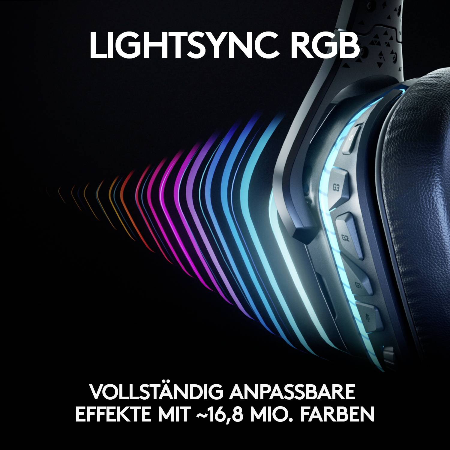 Kopfhörer mit RGB-Beleuchtung in verschiedenen Farben. Text: 'LIGHTSYNC RGB. Vollständig anpassbare Effekte mit ~16,8 Mio. Farben.'