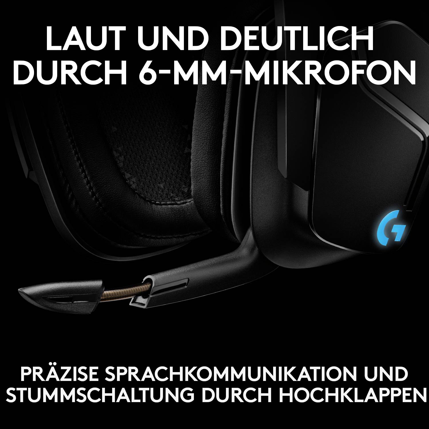 'Schwarzes Gaming-Headset mit Mikrofon. Text oben: Laut und deutlich durch 6-mm-Mikrofon. Text unten: Präzise Sprachkommunikation und Stummschaltung durch Hochklappen.'
