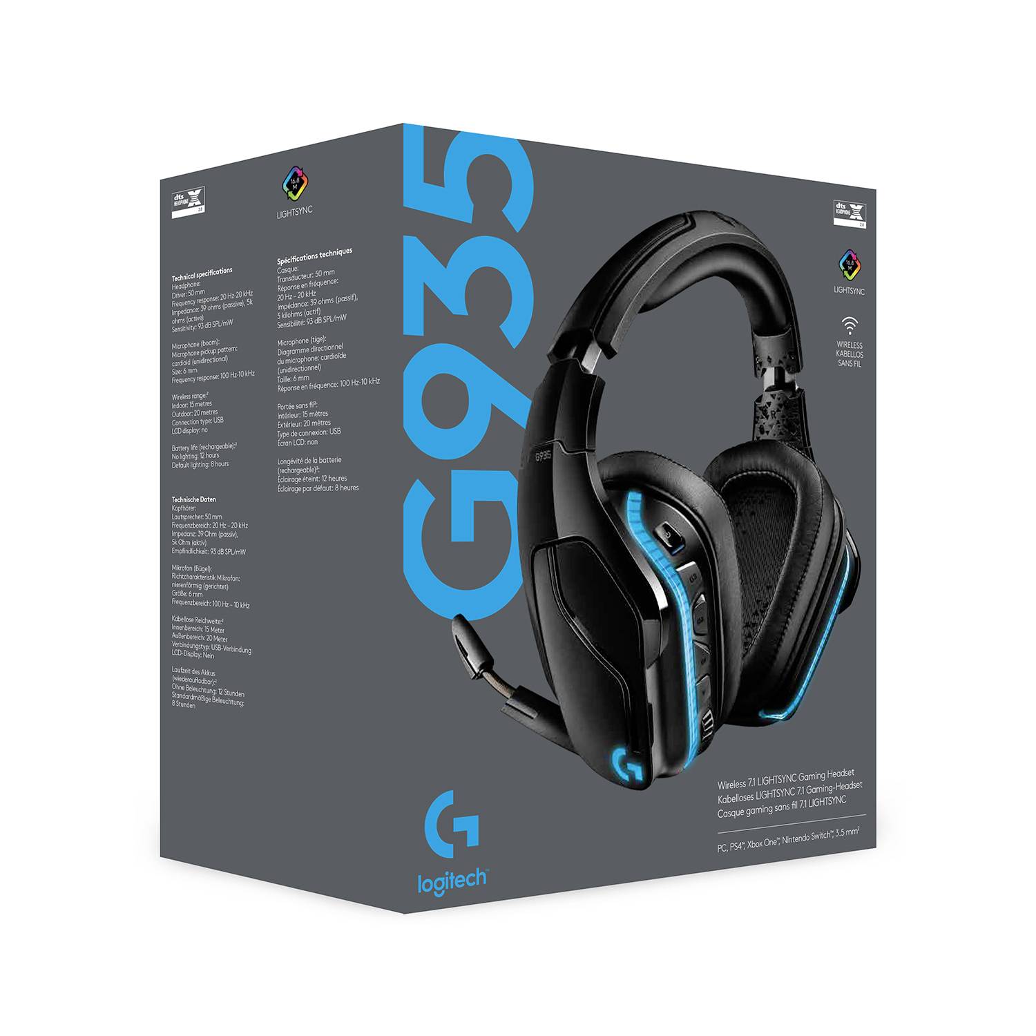 Verpackung eines kabellosen Gaming-Headsets, Modell 'G935' von Logitech, mit blauer Schrift auf grauem Hintergrund und Produktspezifikationen.