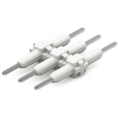 Drei weiße schmale Plastikanker mit jeweils zwei breiten kreuzartigen Aufsätzen, senkrecht gehalten, und grauen Spitzen sichtbar.