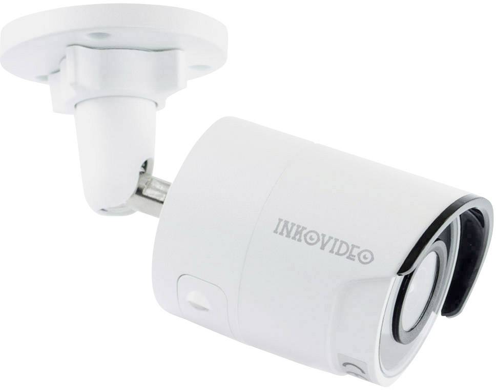 Weiße Überwachungskamera an einer Halterung, schwenkbar montiert.