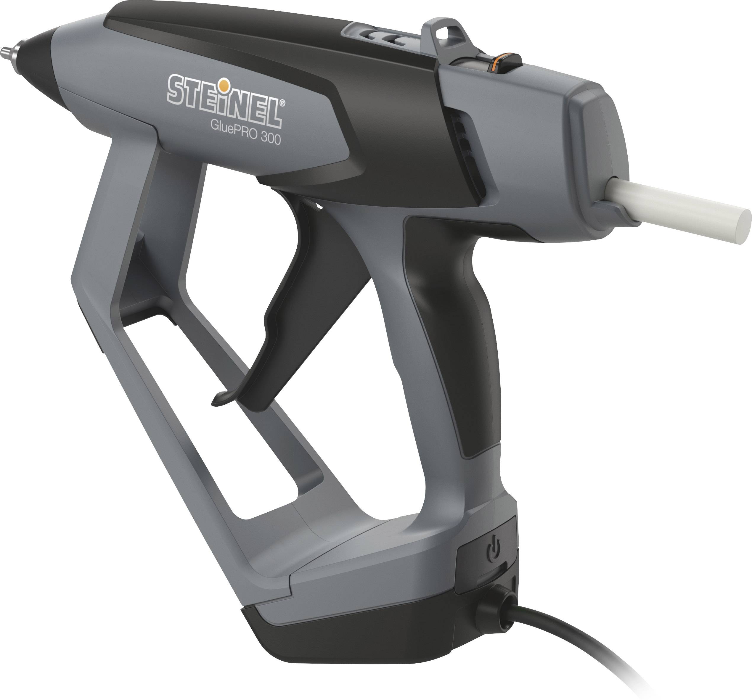 Eine graue Heißklebepistole von Steinel, Modell Gluematic Pro 300, mit ergonomischem Griff und Netzkabel für präzises Arbeiten.