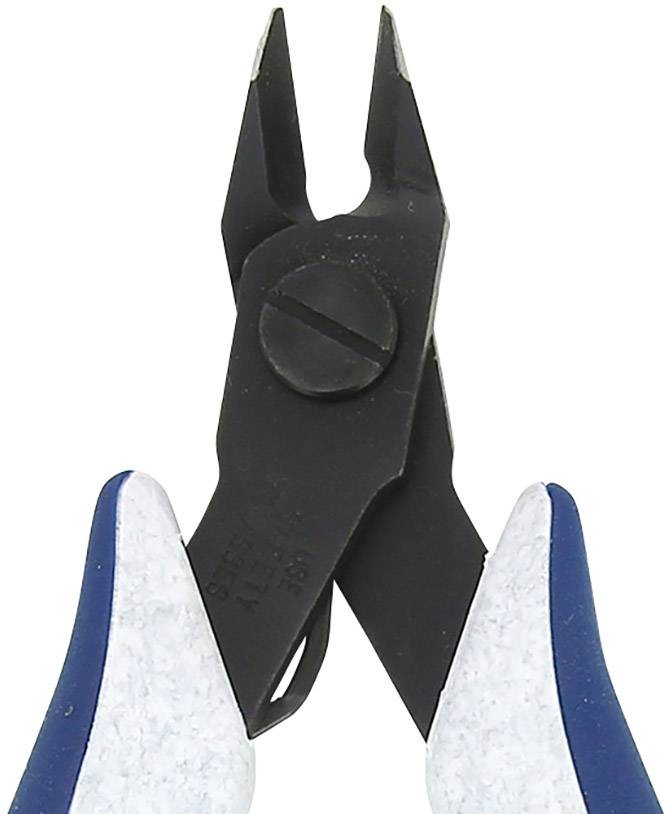 Nahaufnahme einer schwarzen Drahtschere mit blauen und weißen Griffen, geeignet zum präzisen Schneiden kleiner Drähte.