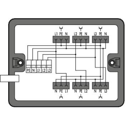 Schaltplan einer elektrischen Anschlussdose mit Beschriftungen L1, L2, L3, PE, N; zeigt die Verkabelung und Verbindungen zwischen den Klemmen.