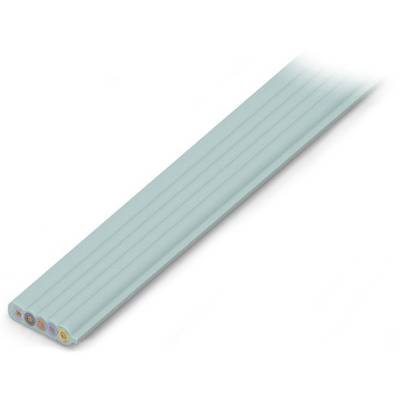 Ein flaches, mehradriges Kabel mit mehreren sichtbaren, farbcodierten Drähten am Ende.