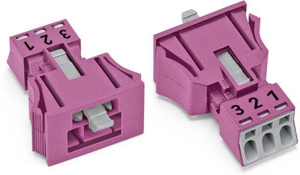 Zwei rosa Stecker mit der Beschriftung '3 2 1' auf der Oberseite, zeigen unterschiedliche Ansichten. Hauptsächlich für elektrische Verbindungen.