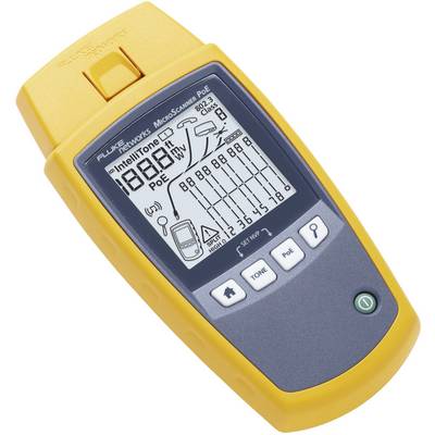 Ein MikroScanner PoE-Kabeltester von Fluke Networks, zeigt auf dem Display verschiedene Testergebnisse und Netzwerksymbole.