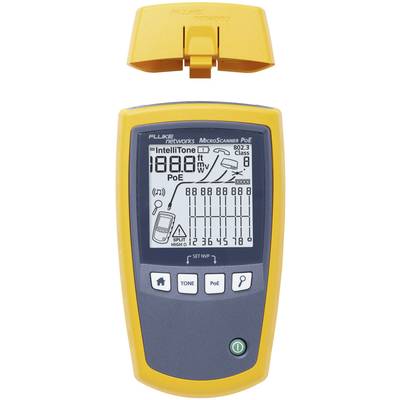 'Fluke Networks MicroScanner PoE' Gerät mit Displayanzeige, zeigt Kabelverbindungsdetails und Leistungsspezifikationen. Oben ein abnehmbarer Deckel.
