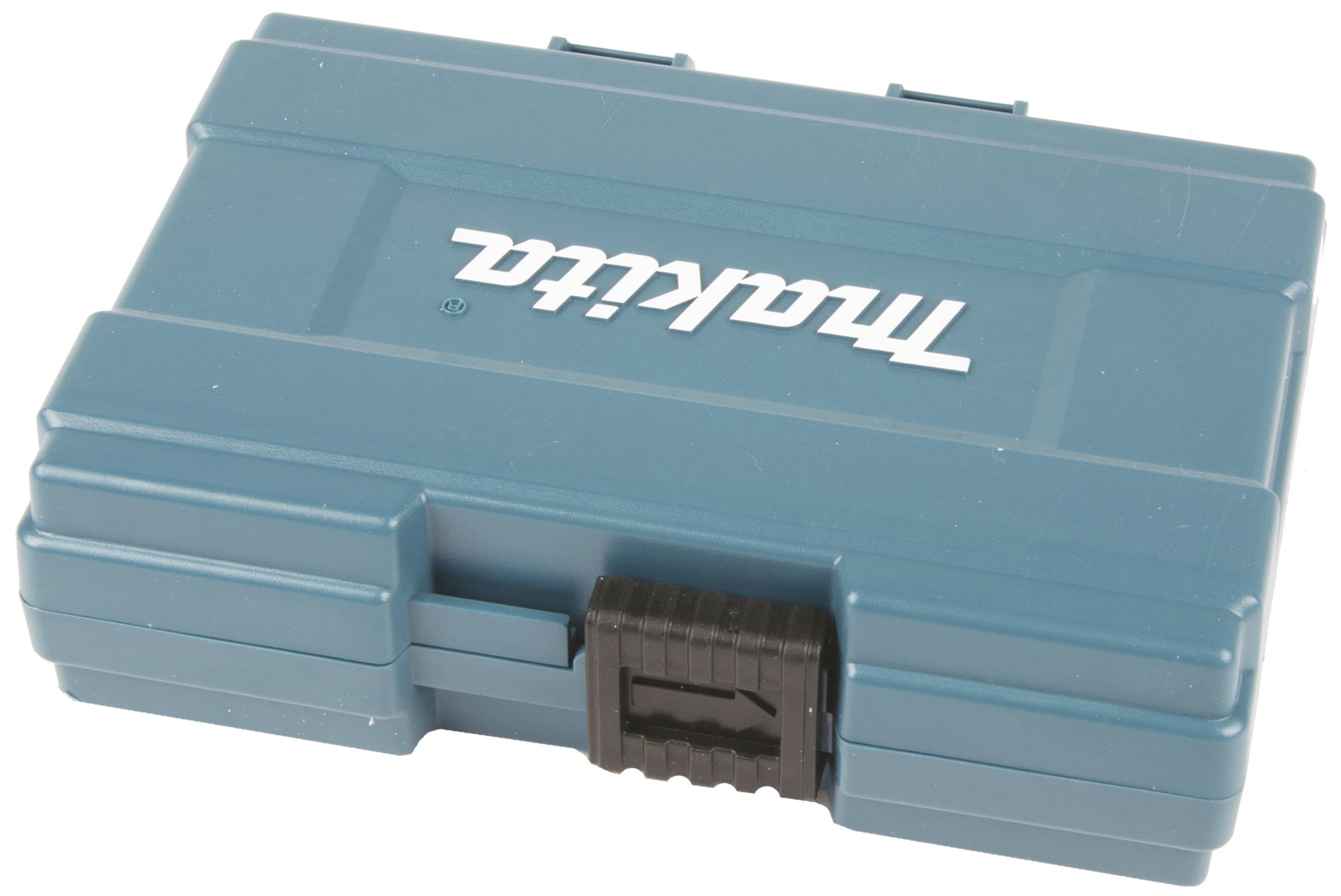 Ein blauer Werkzeugkoffer aus Kunststoff mit dem Logo einer Werkzeugmarke auf dem Deckel, stabile Verschlüsse vorne.